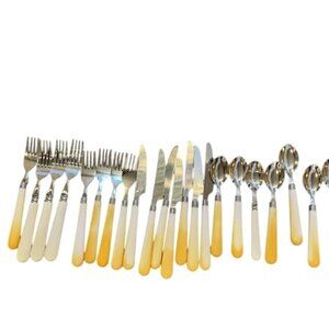 Vintage Stainless Steel Flatware Set With Cream & Yellow Handles - 22 mix matche